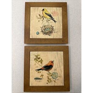 VTG Gilded Songbird 4 Chad Barrett  Art Tile Framed In Wood 8x8x .5”D Wall Decor